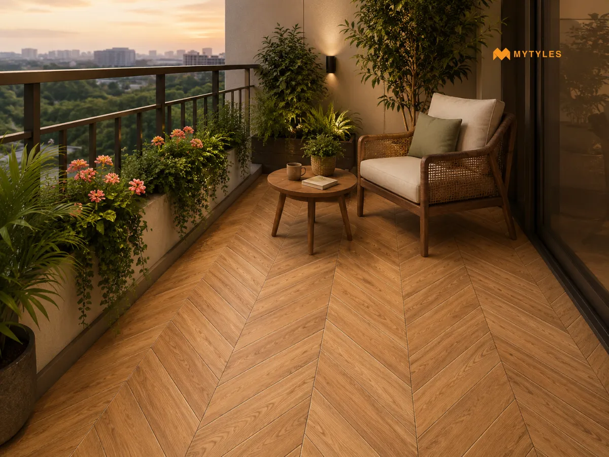 Wood-Look Tiles for a Warm Balcony Corner